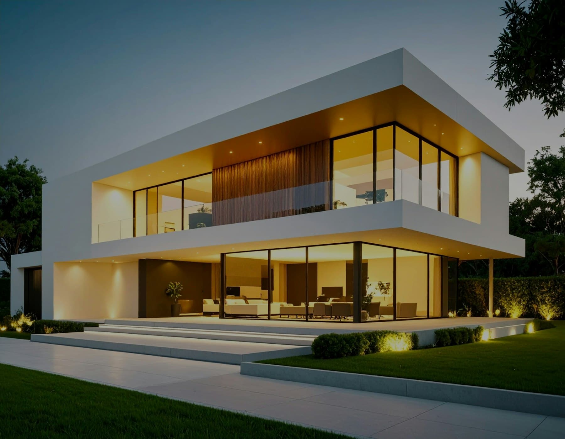 Modern two-storey home with lit interiors at dusk